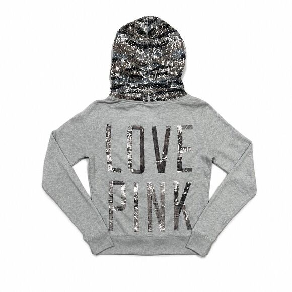 PINK Victoria's Secret Tops - PINK Victoria’s Secret Gray Sequin Zebra Hood Zip-Up Hoodie XS - Y2K